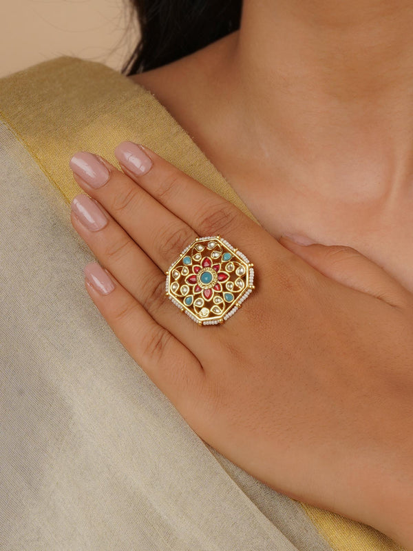 MRNG172MA - Multicolor Gold Plated Jadau Kundan Ring