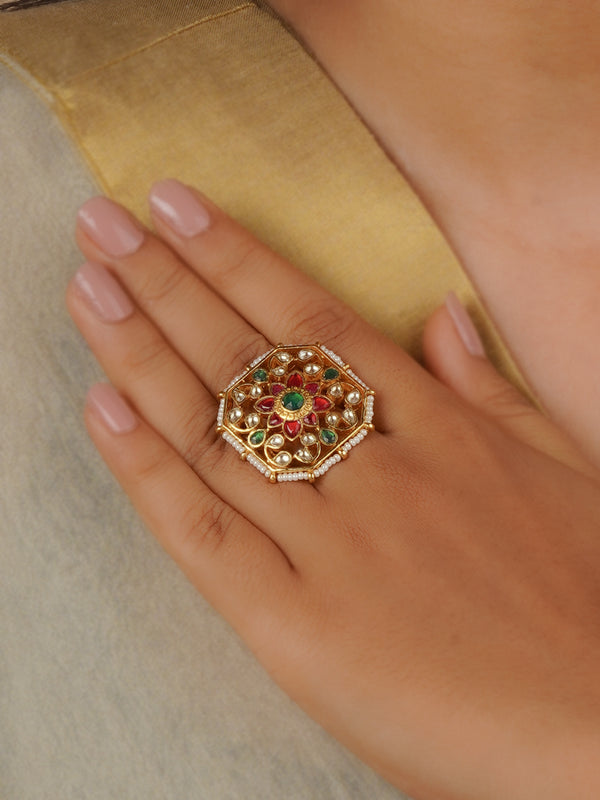 MRNG172M - Multicolor Gold Plated Jadau Kundan Ring