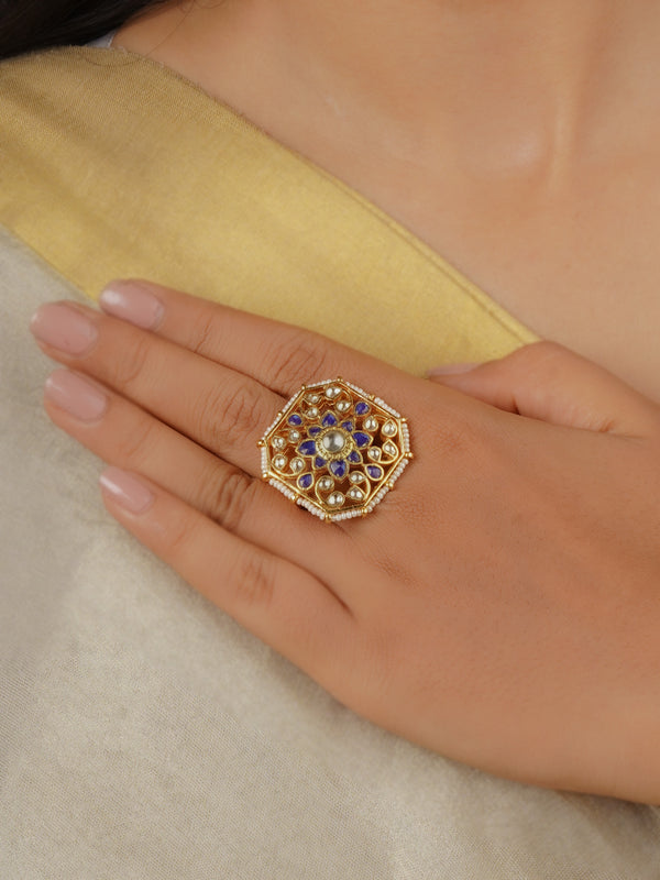MRNG172YBL - Blue Color Gold Plated Jadau Kundan Ring
