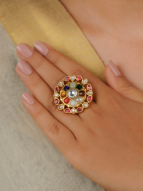 MRNG174N - Navratna Gold Plated Jadau Kundan Ring