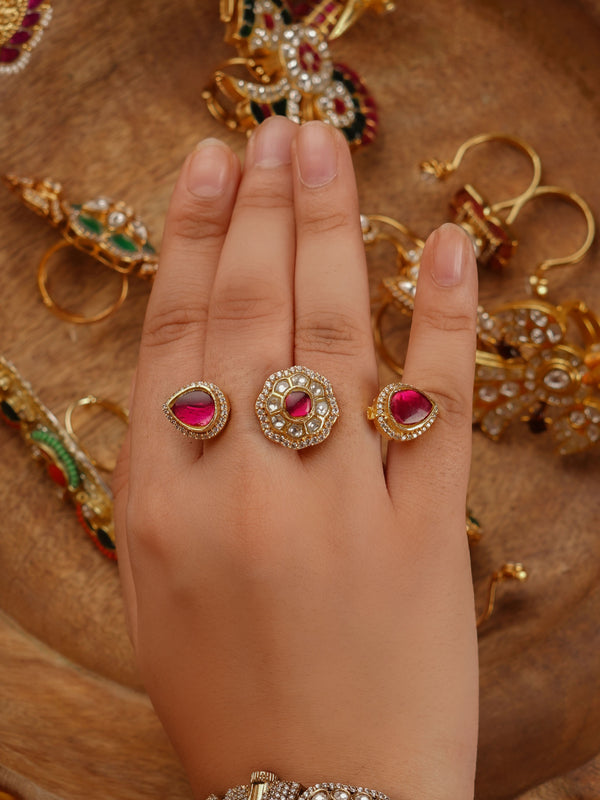 MRNG176 - Pink Color Gold Plated Jadau Kundan Ring