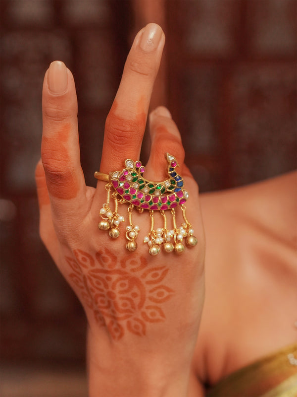 Multicolor Gold Plated Jadau Kundan Ring - MRNG180M