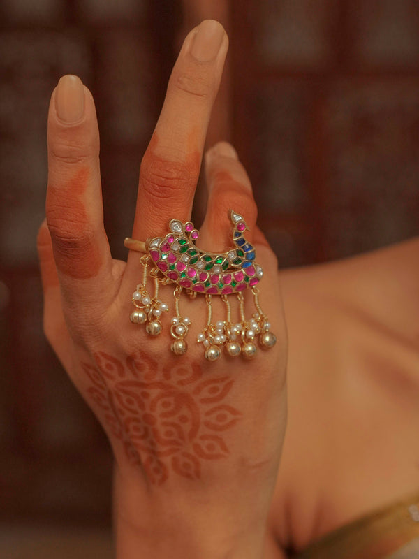 Multicolor Gold Plated Jadau Kundan Ring - MRNG180M