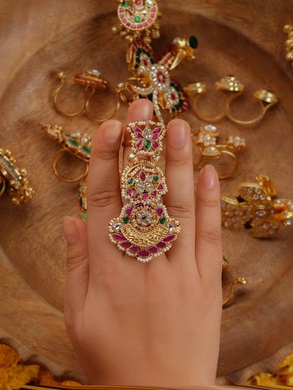 MRNG184M - Multicolor Gold Plated Jadau Kundan Ring