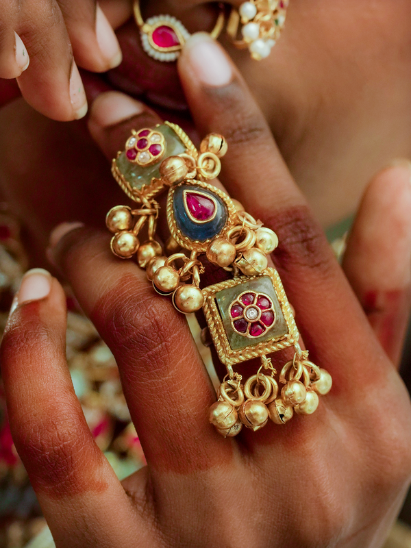 Multicolor Gold Plated Jadau Kundan Ring - MRNG186M