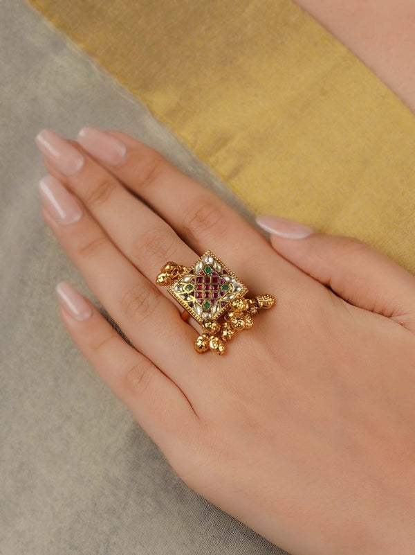 MRNG189M - Multicolor Gold Plated Jadau Kundan Ring