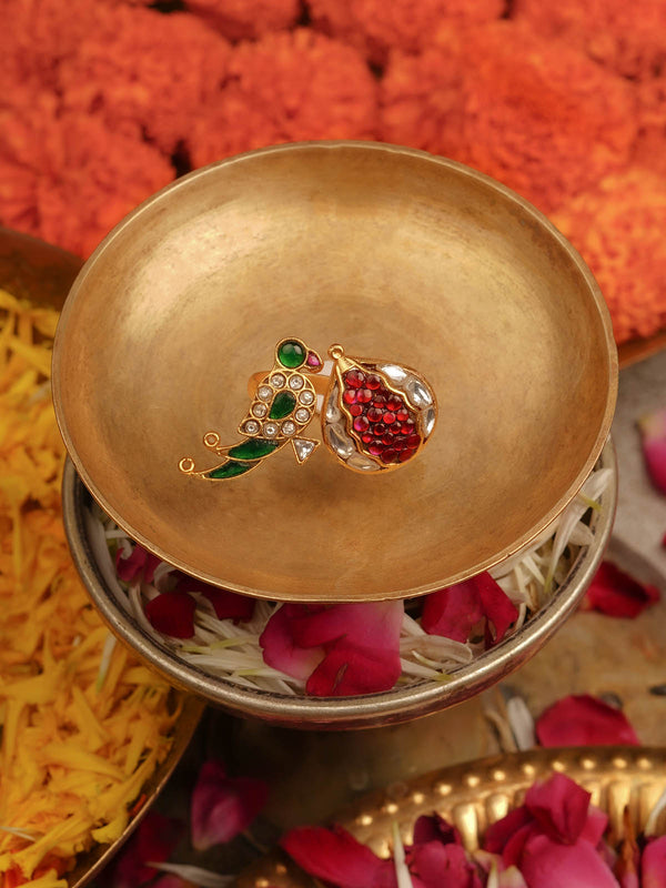 Multicolor Gold Plated Jadau Kundan Ring - MRNG195M