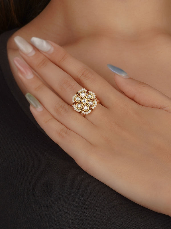 White Color Gold Plated Jadau Kundan Ring - MRNG196