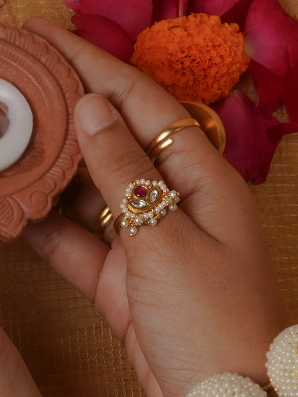 Pink Color Gold Plated Jadau Kundan Ring - MRNG197WP