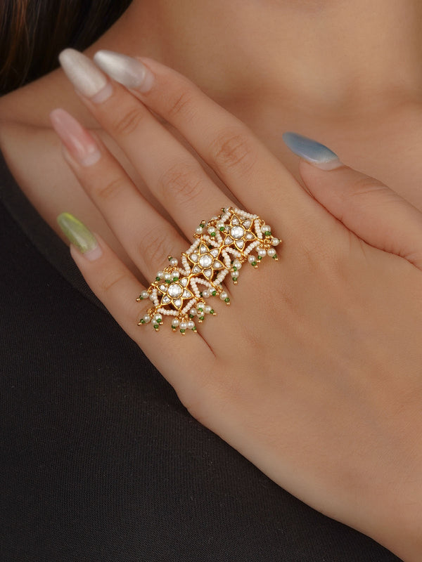 Green Color Gold Plated Jadau Kundan Ring - MRNG200
