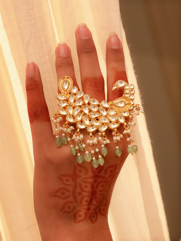 Green Color Gold Plated Jadau Kundan Ring - MRNG204