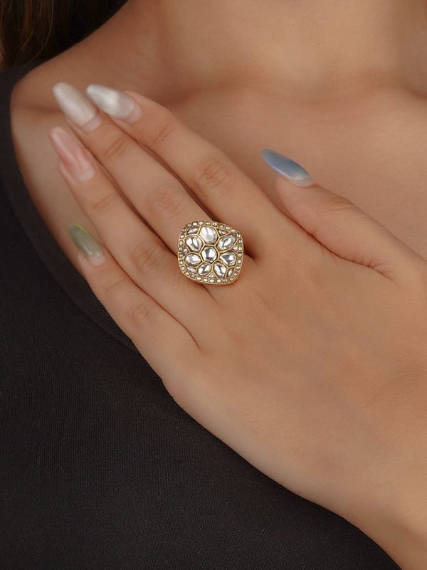 White Color Gold Plated Jadau Kundan Ring - MRNG210