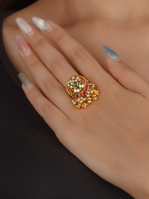 Multicolor Gold Plated Jadau Kundan Ring - MRNG219M