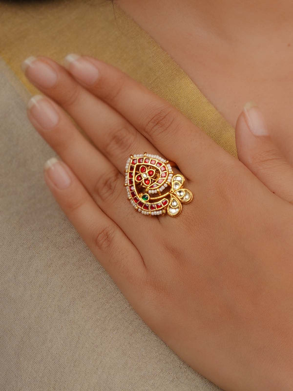 Gold Plated Jadau Kundan Ring - MRNG248