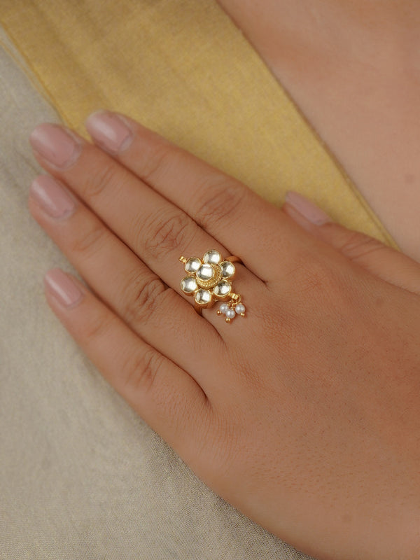 MRNG83YA - White Color Gold Plated Jadau Kundan Ring