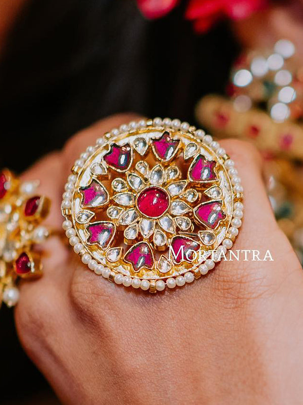 Pink Color Gold Plated Jadau Kundan Ring - MRNG84P