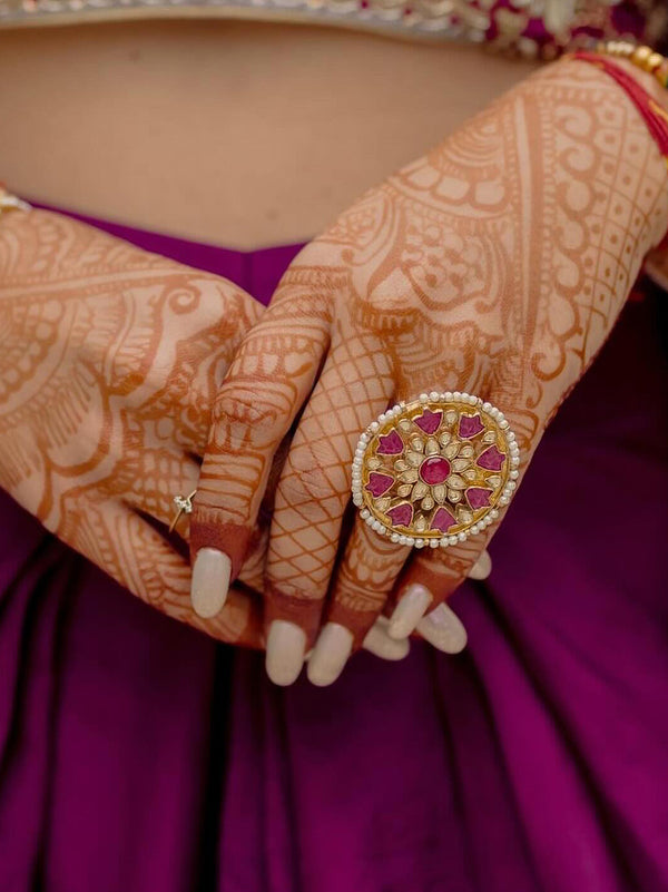 Pink Color Gold Plated Jadau Kundan Ring - MRNG84P