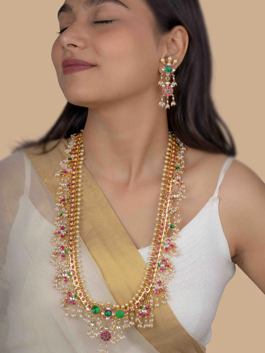 MS1034A - Multicolor Gold Plated Jadau Kundan Necklace Set