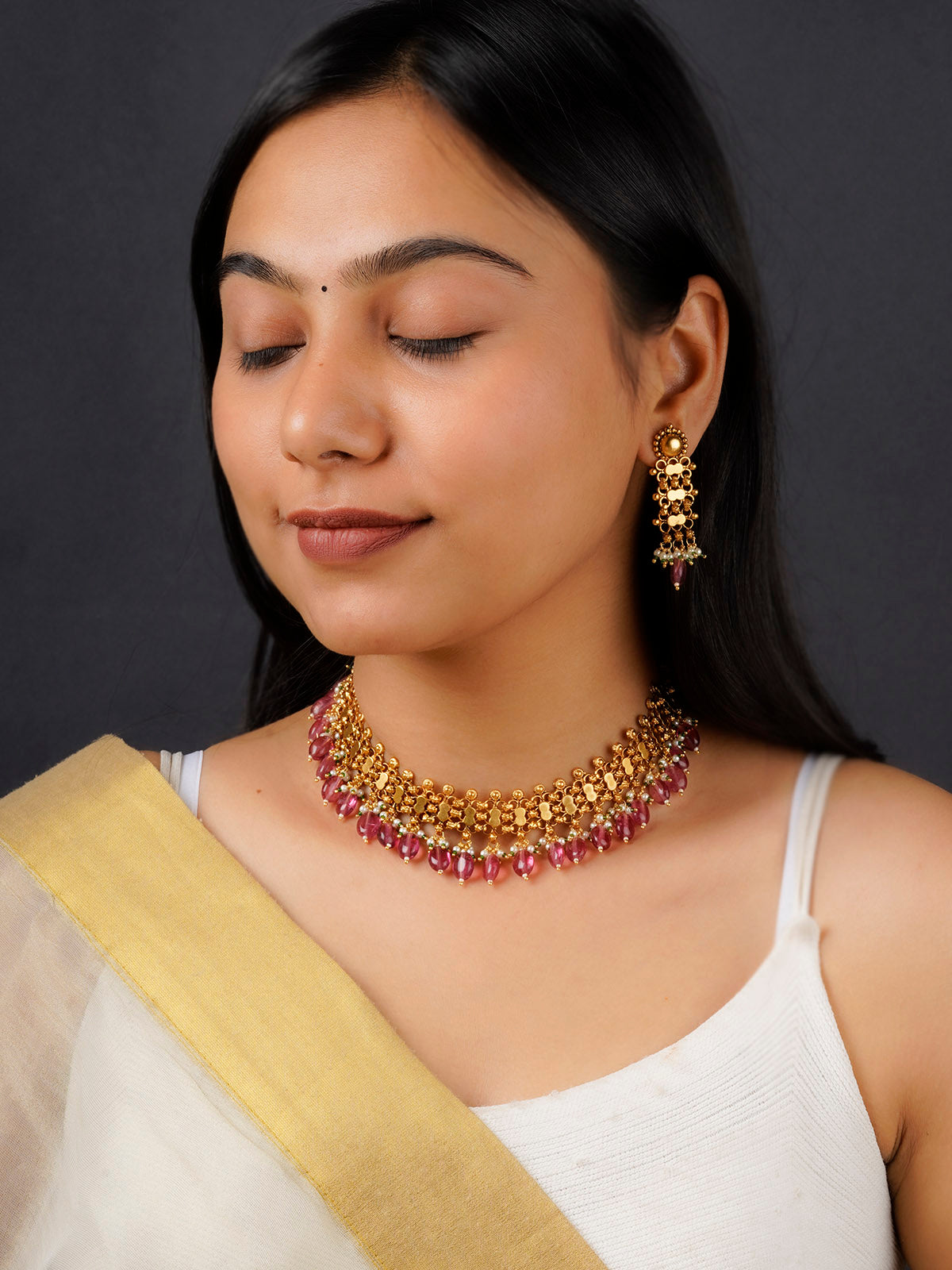 MS1094A - Pink Color Gold Plated Jadau Kundan Necklace Set