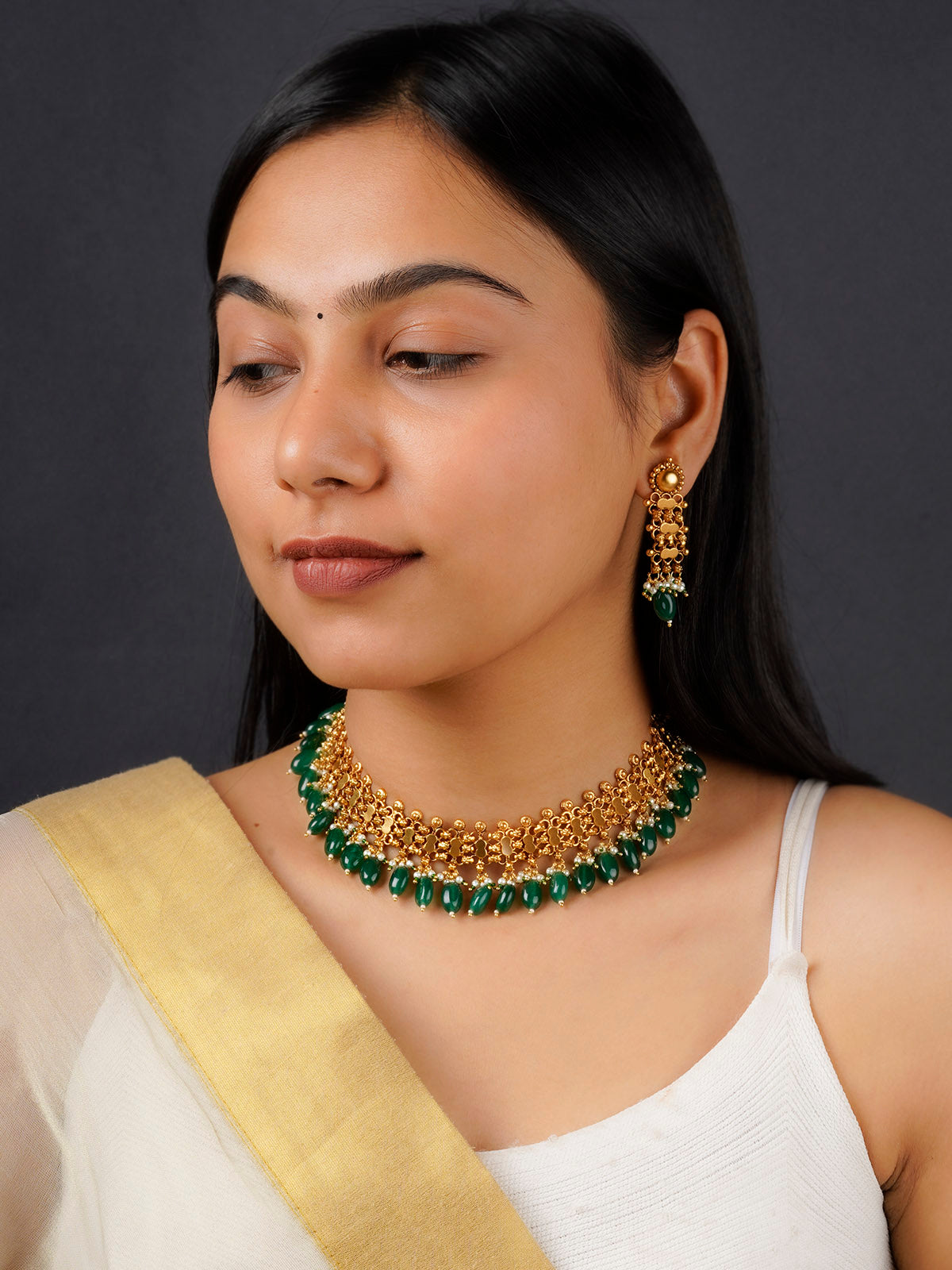 MS1094 - Green Color Gold Plated Jadau Kundan Necklace Set