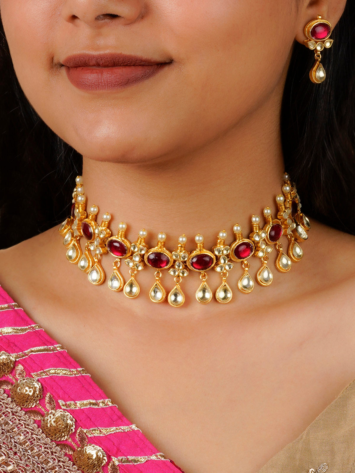 MS1099R - Red Color Gold Plated Jadau Kundan Necklace Set