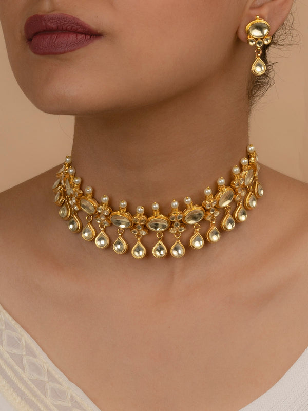 MS1099Y - White Color Gold Plated Jadau Kundan Short Choker Necklace Sets