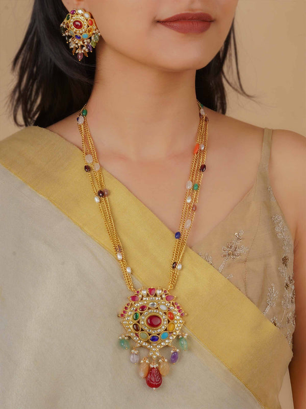 MS1108N - Navratna Gold Plated Jadau Kundan Necklace Set