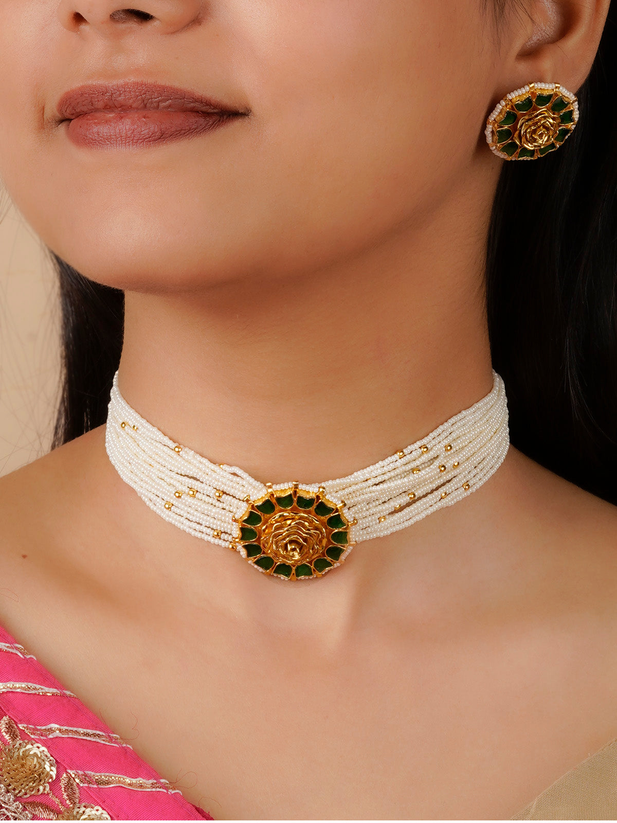 MS1122GR - Green Color Gold Plated Jadau Kundan Necklace Set