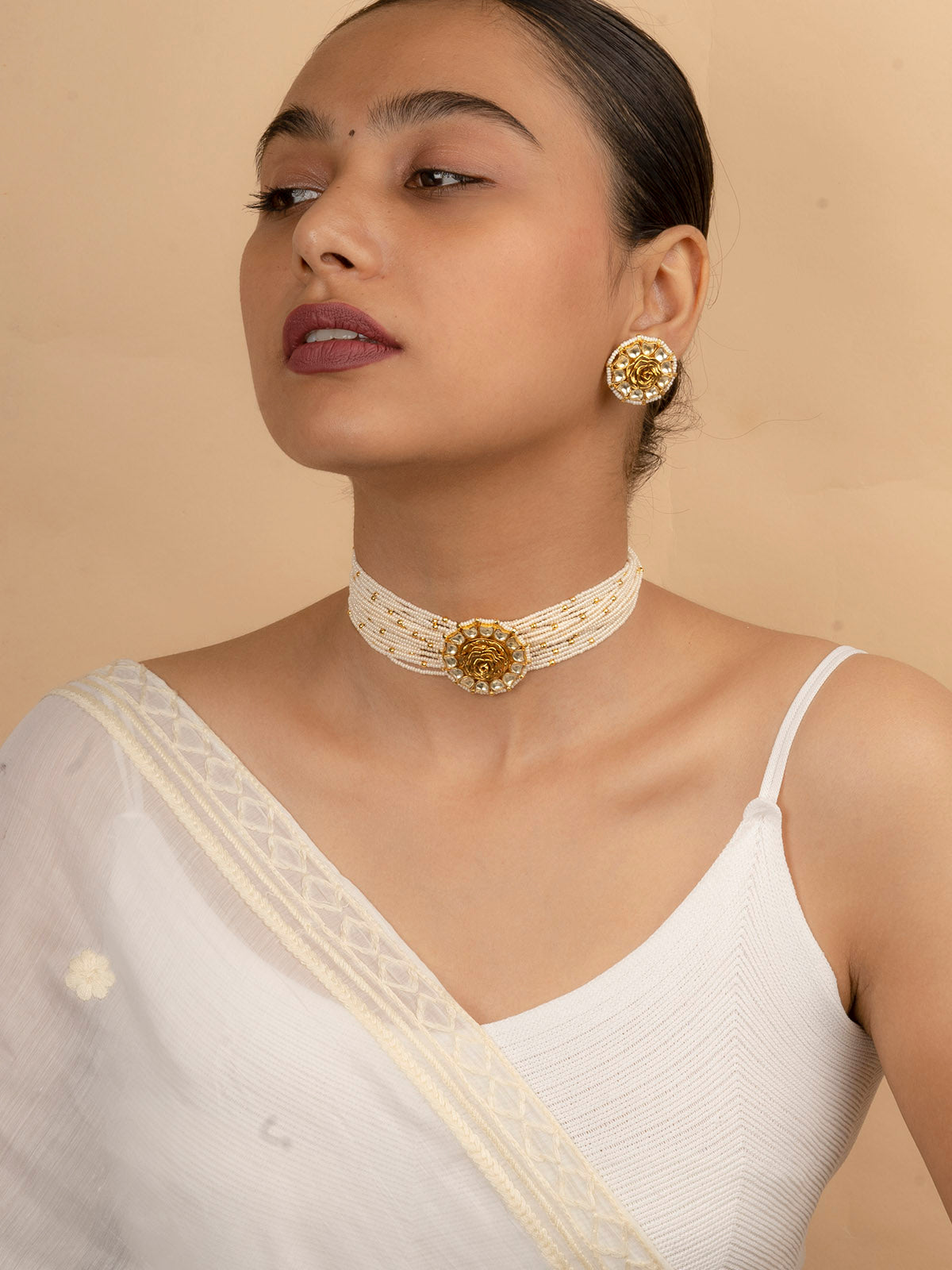 MS1122Y - White Color Gold Plated Jadau Kundan Choker Necklace Set