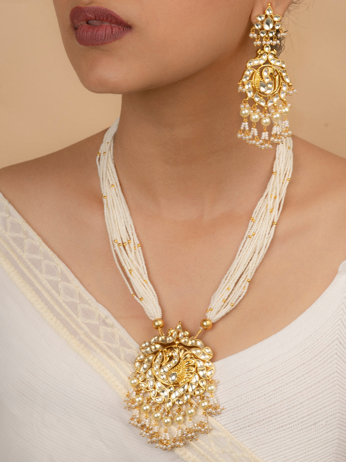 MS1187Y - White Color Gold Plated Jadau Kundan Long Necklace Set