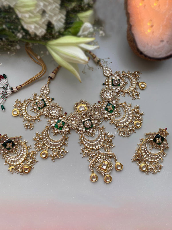 MS1189Y - Green Color Gold Plated Jadau Kundan Bridal Necklace Set - MTO