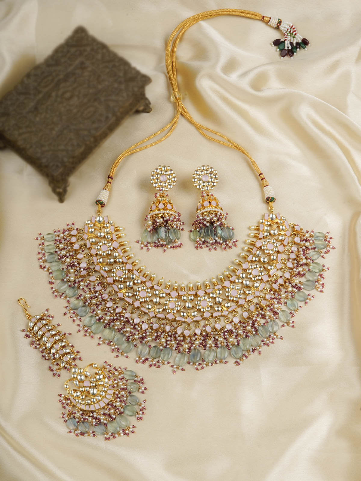 MS1222LP - Baby Pink Color Gold Plated Jadau Kundan Bridal Necklace Set