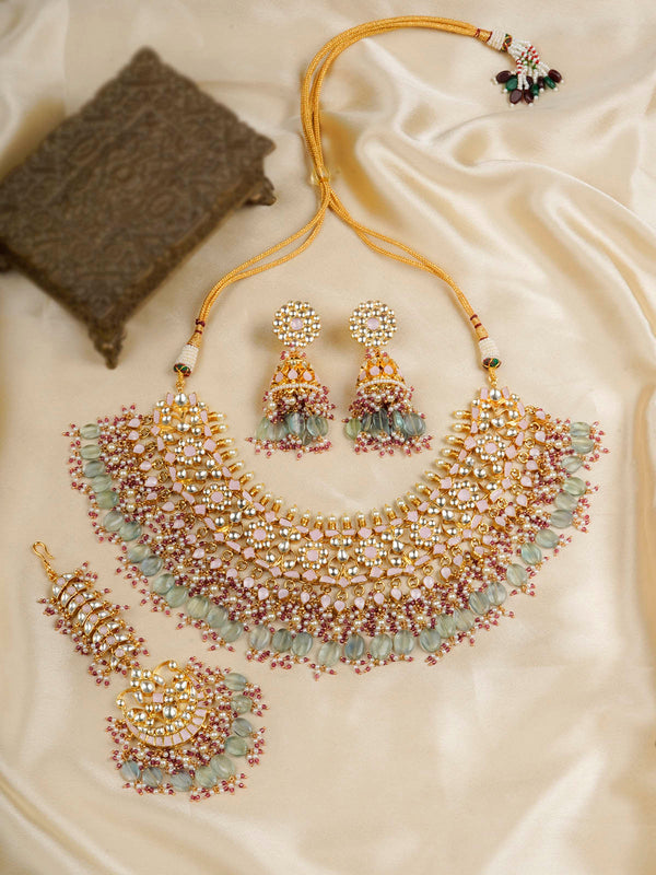 MS1222LP - Baby Pink Color Gold Plated Jadau Kundan Bridal Necklace Set
