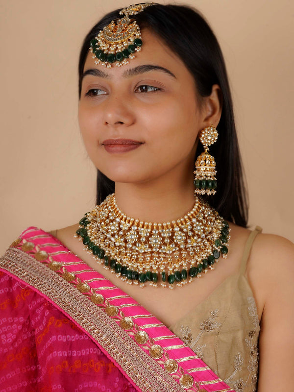 MS1222Y - Green Color Gold Plated Jadau Kundan Bridal Necklace Set