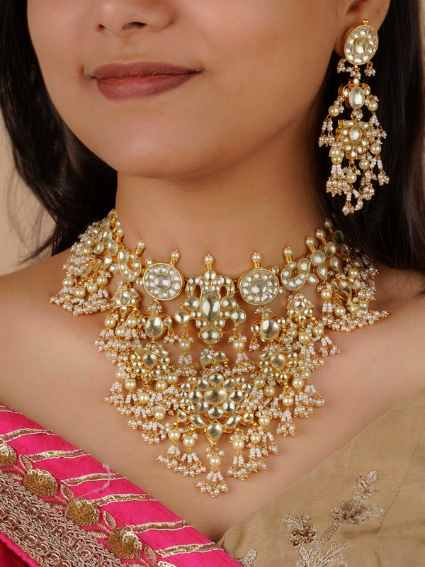 MS1304Y - White Color Gold Plated Jadau Kundan Necklace Set