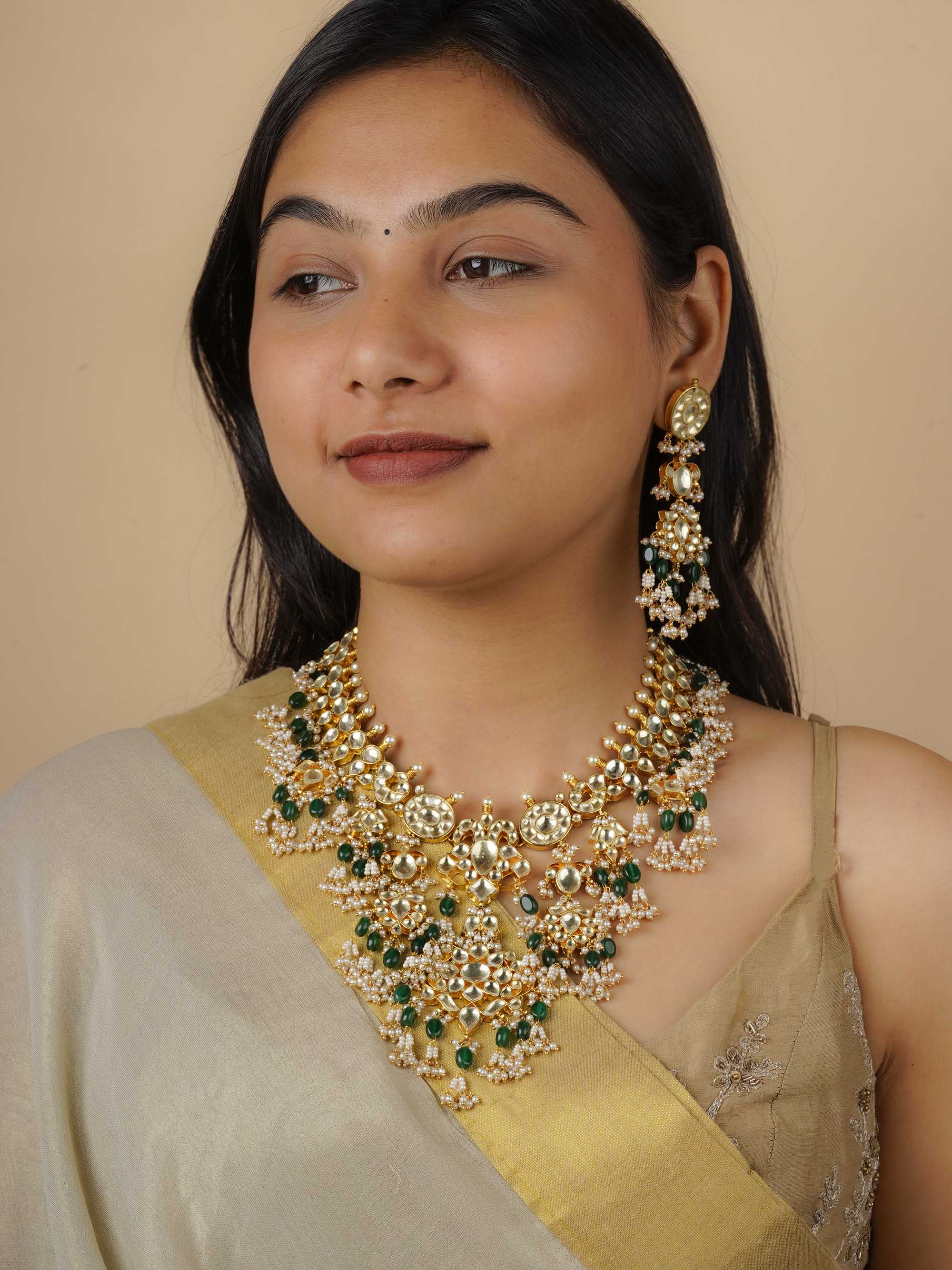 MS1304YA - Green Color Gold Plated Jadau Kundan Necklace Set