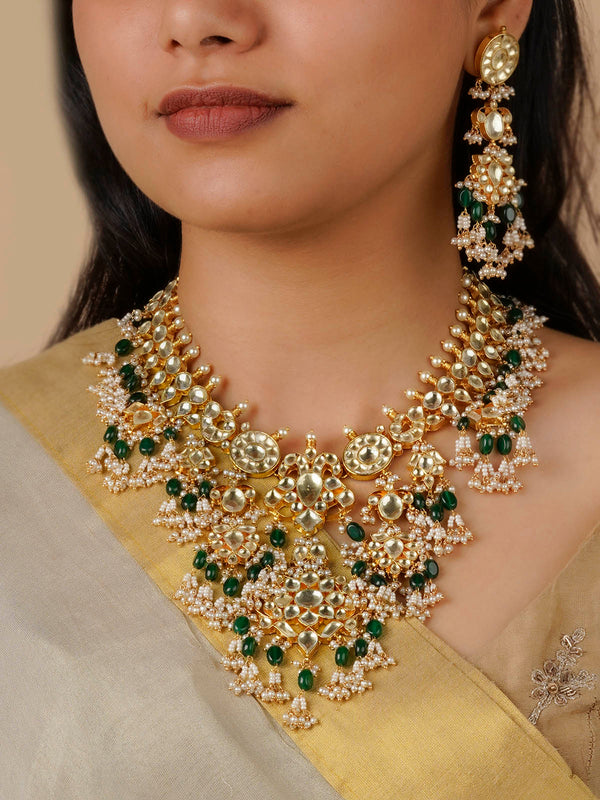 MS1304YA - Green Color Gold Plated Jadau Kundan Necklace Set
