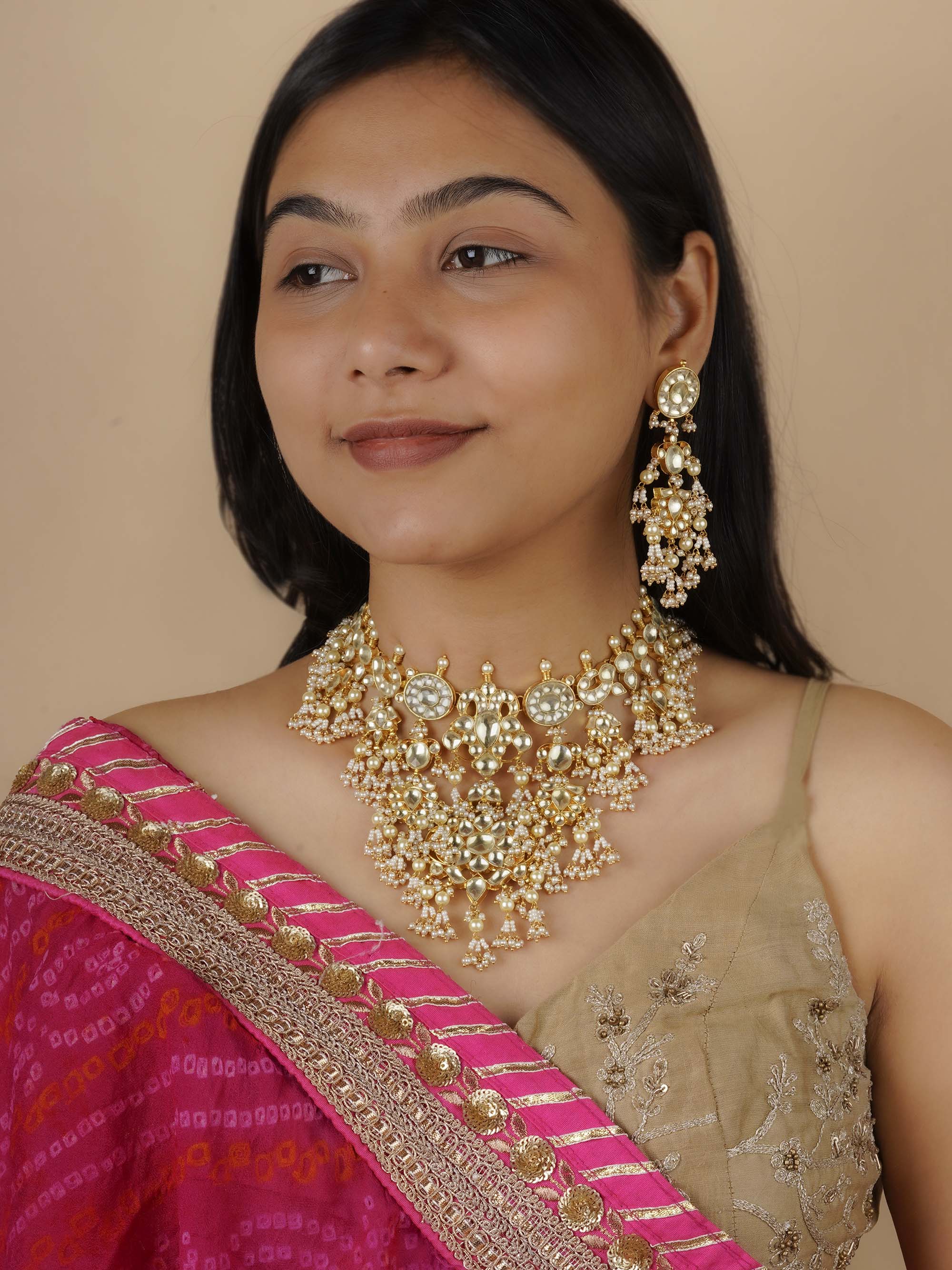 MS1304Y - White Color Gold Plated Jadau Kundan Necklace Set