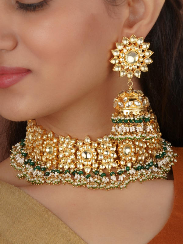 Green Color Gold Plated Jadau Kundan Necklace Set - MS1319YA