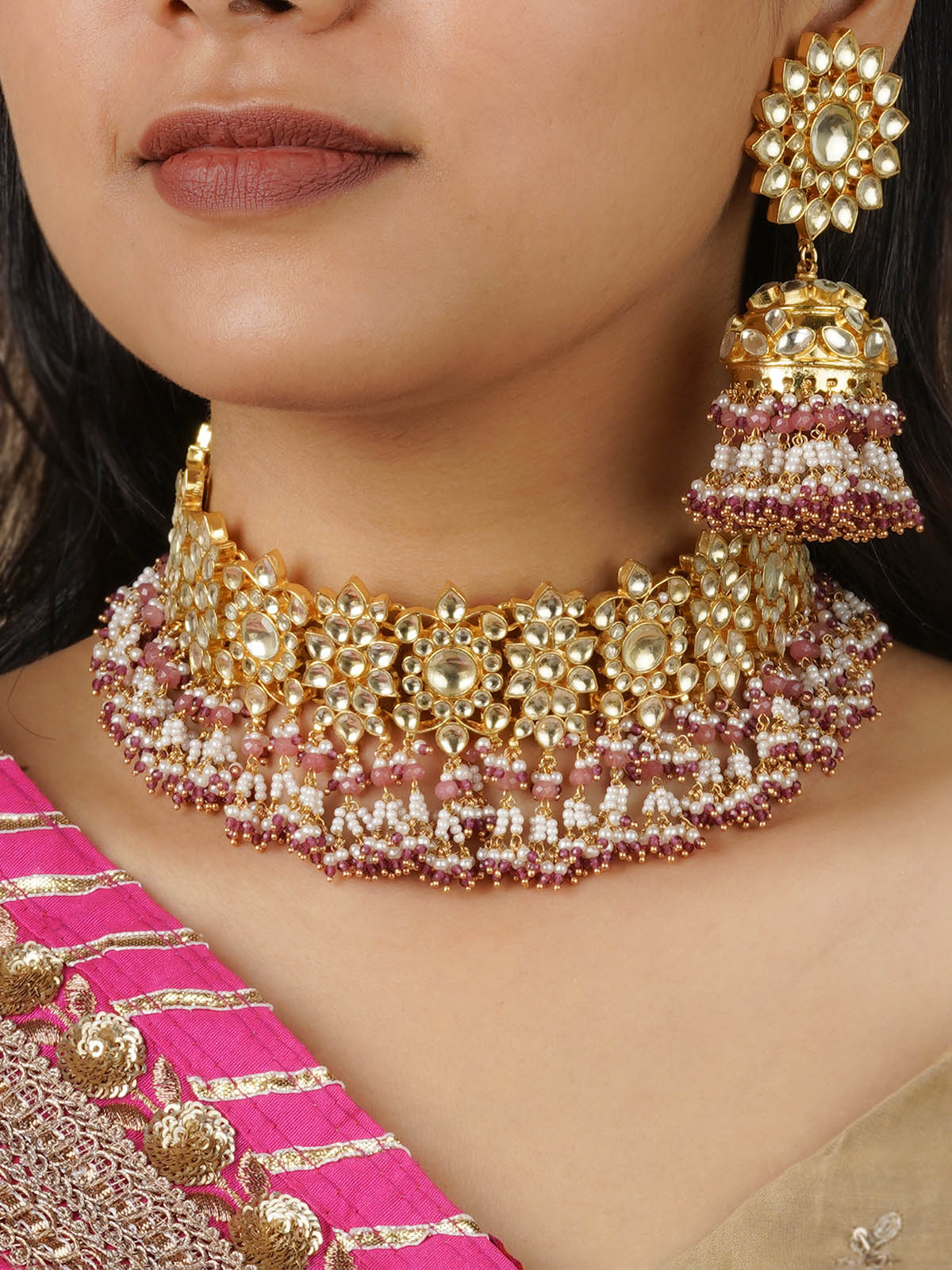 MS1319YB - Baby Pink Color Gold Plated Jadau Kundan Necklace Set