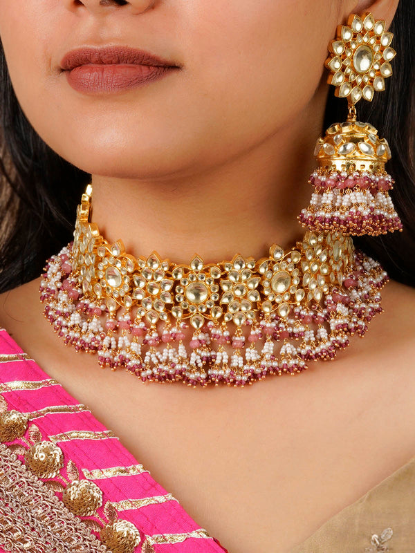 MS1319YB - Baby Pink Color Gold Plated Jadau Kundan Necklace Set