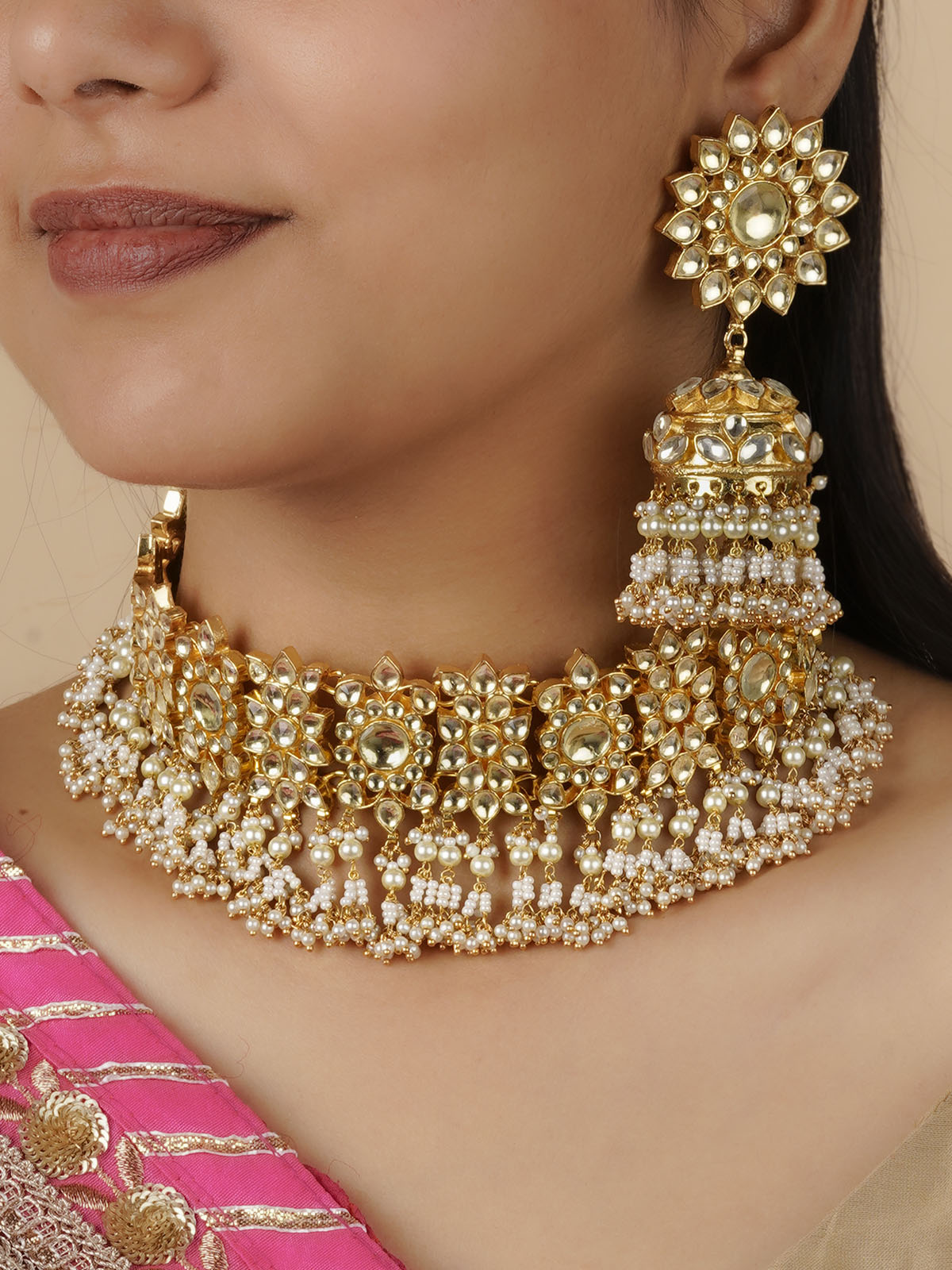 MS1319Y - White Color Gold Plated Jadau Kundan Necklace Set
