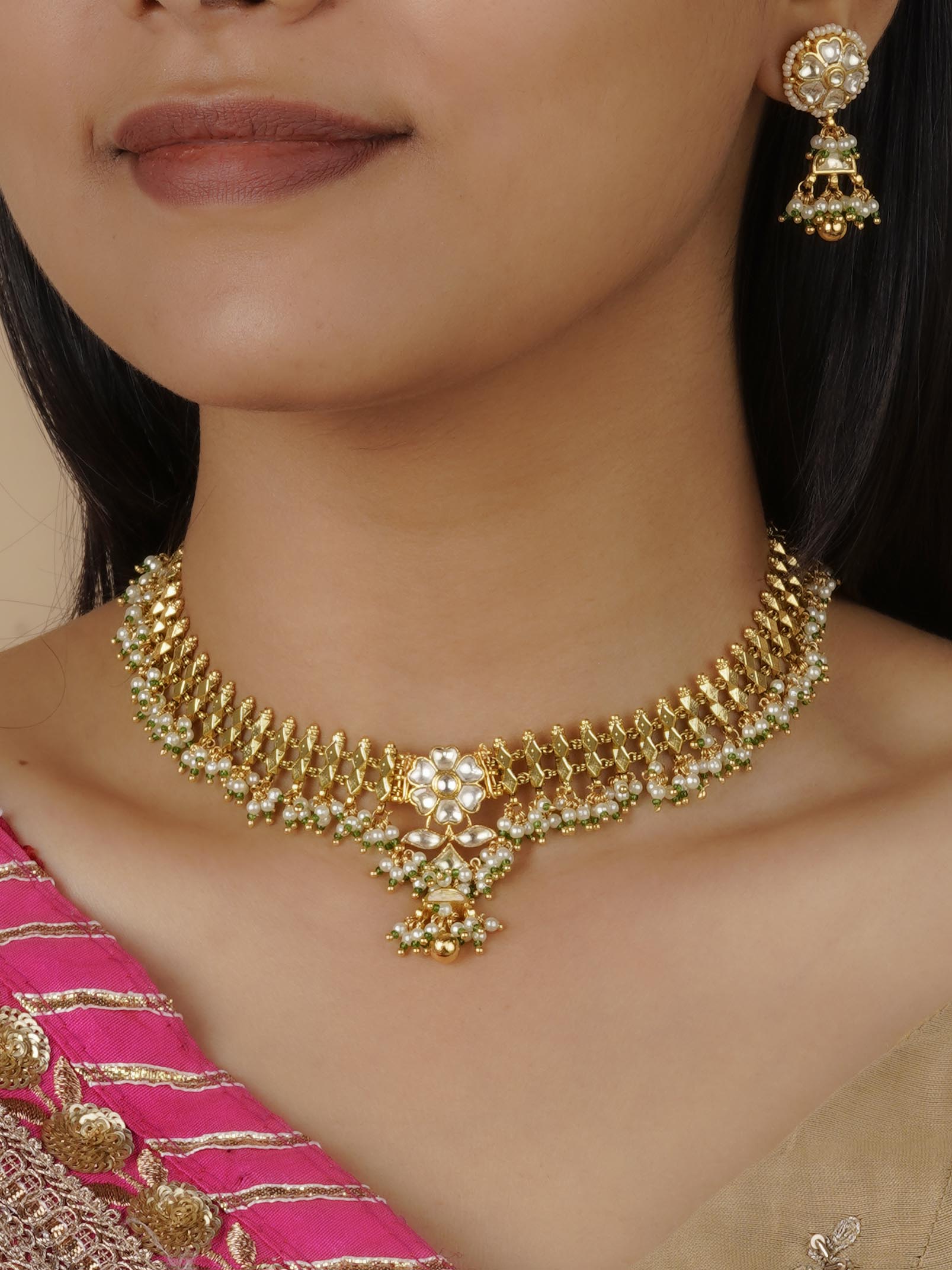 MS1328Y - Green Color Gold Plated Jadau Kundan Necklace Set