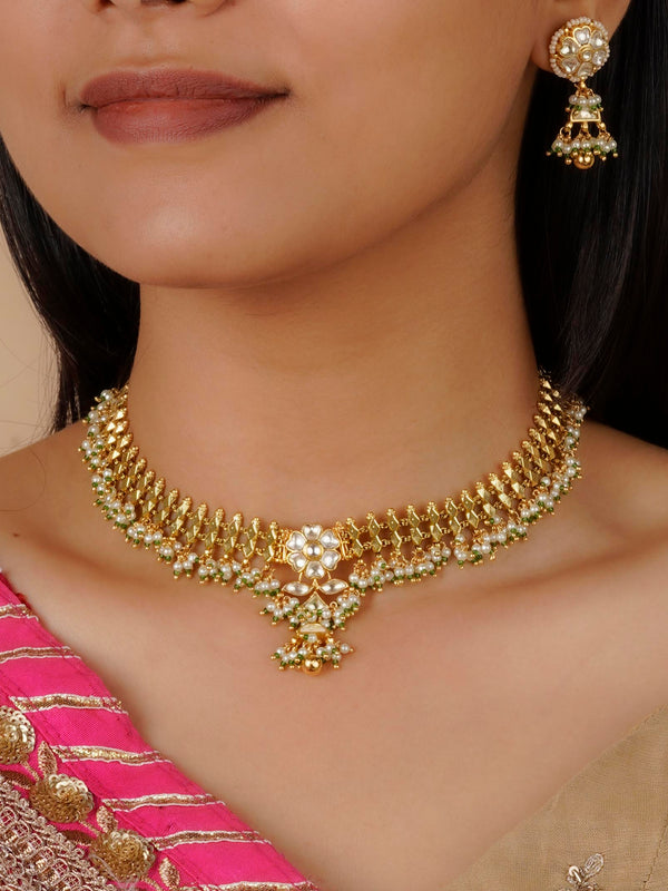 MS1328Y - Green Color Gold Plated Jadau Kundan Necklace Set