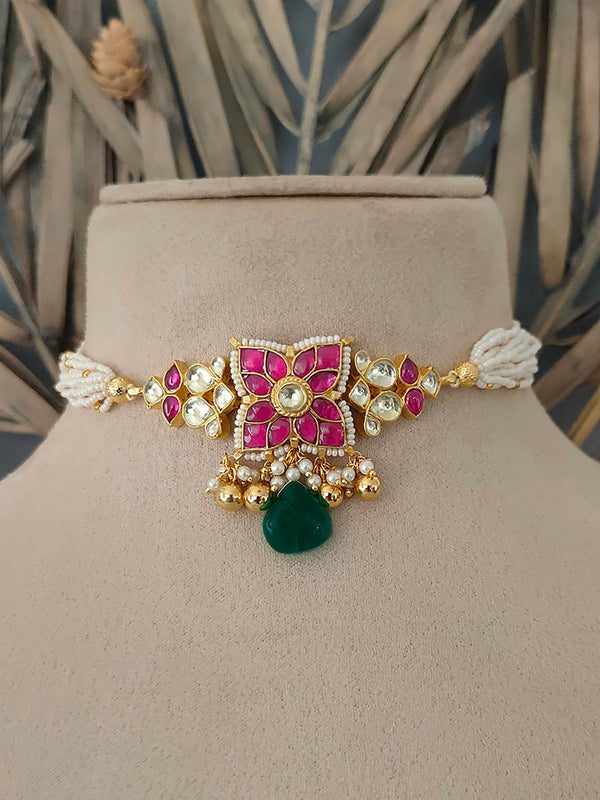 Pink Color Gold Plated Jadau Kundan Necklace Set - MS1329P