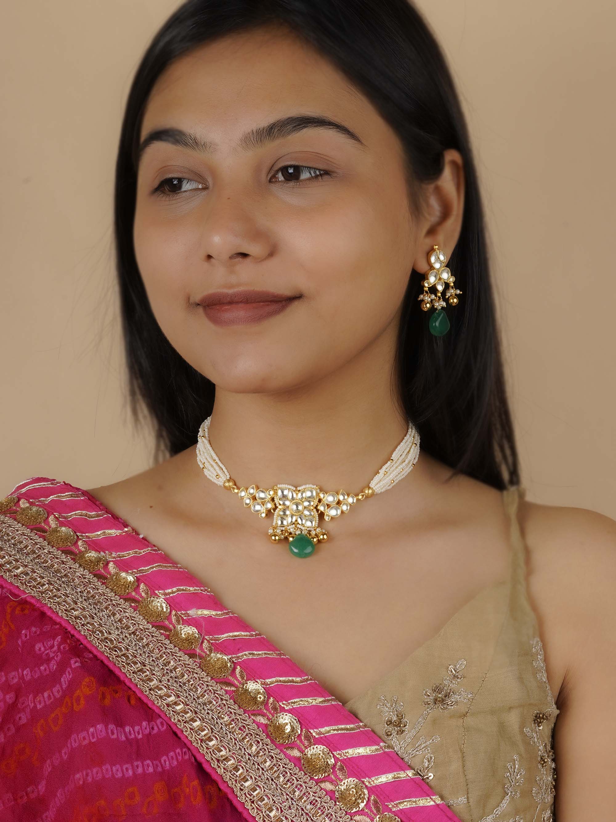 MS1329Y - Green Color Gold Plated Jadau Kundan Necklace Set