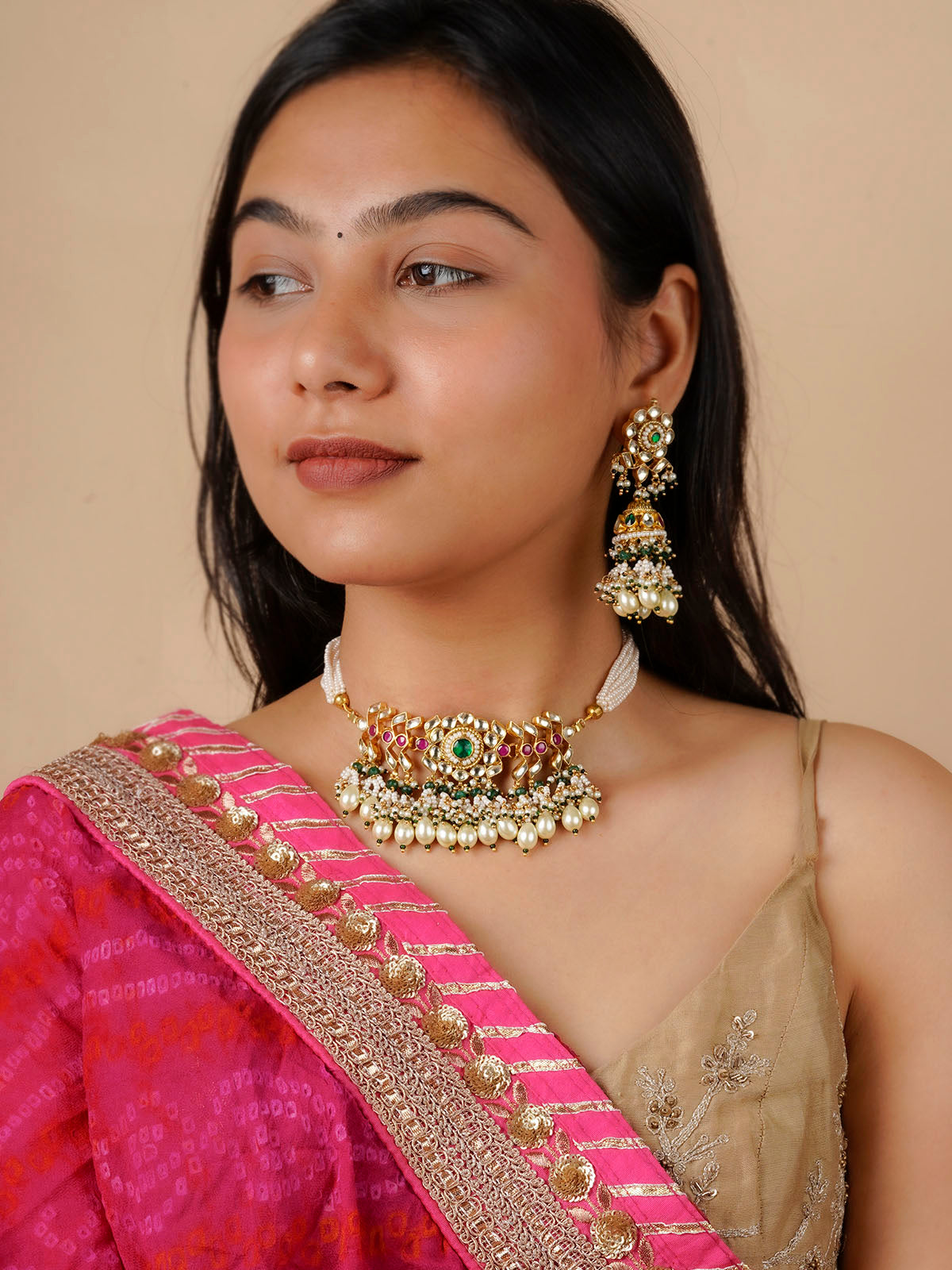 MS1330M - Multicolor Gold Plated Jadau Kundan Necklace Set