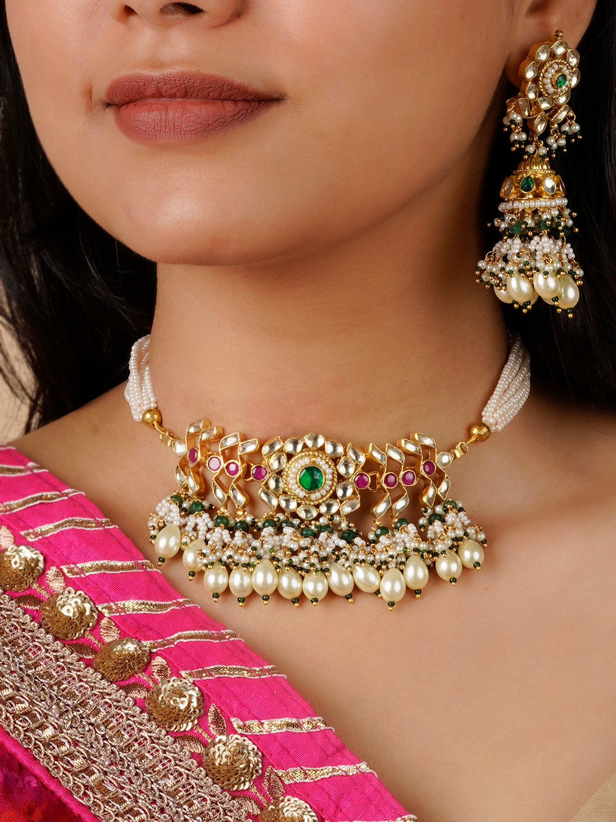 MS1330M - Multicolor Gold Plated Jadau Kundan Necklace Set