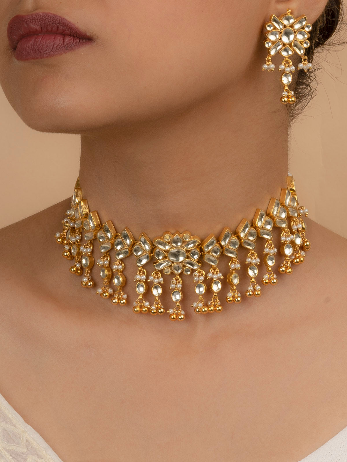 MS1339Y - White Color Gold Plated Jadau Kundan Choker Necklace Set