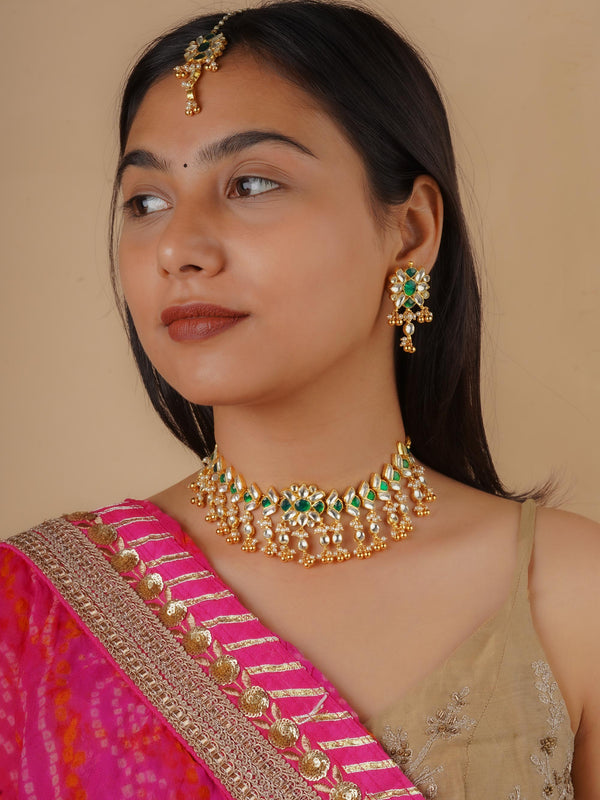 MS1339YGR - Green Color Gold Plated Jadau Kundan Bridal Necklace Set